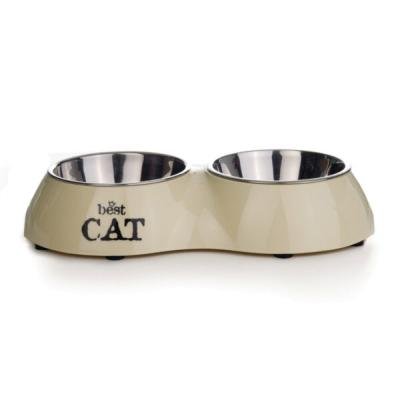 BEEZTEES двойная металлическая миска Best Cat бежевая