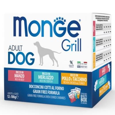 MONGE Dog Grill Mix Box Adult Beef/Cod/Chicken 12x100gr